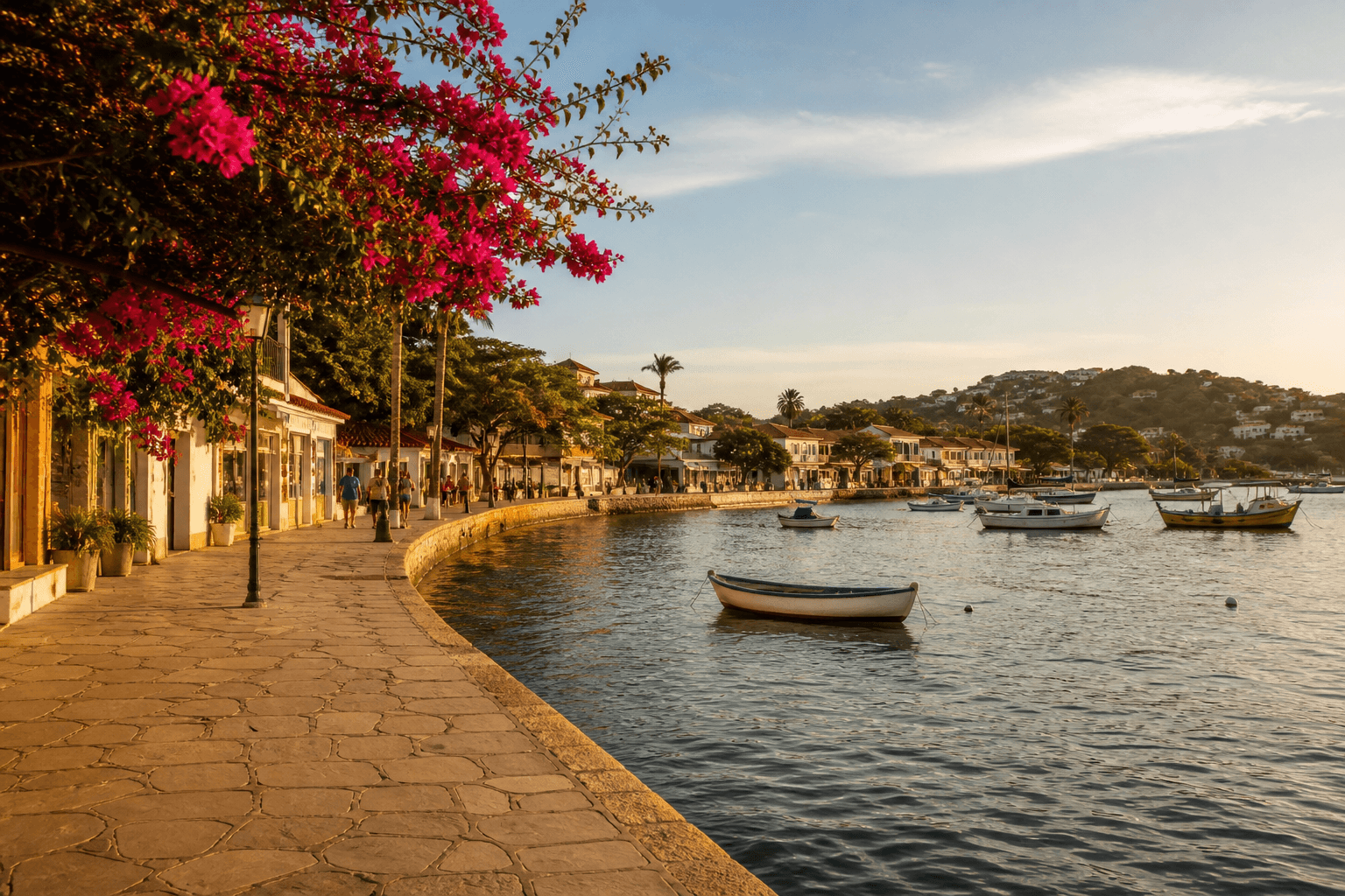 Búzios waterfront with boats in late-afternoon light